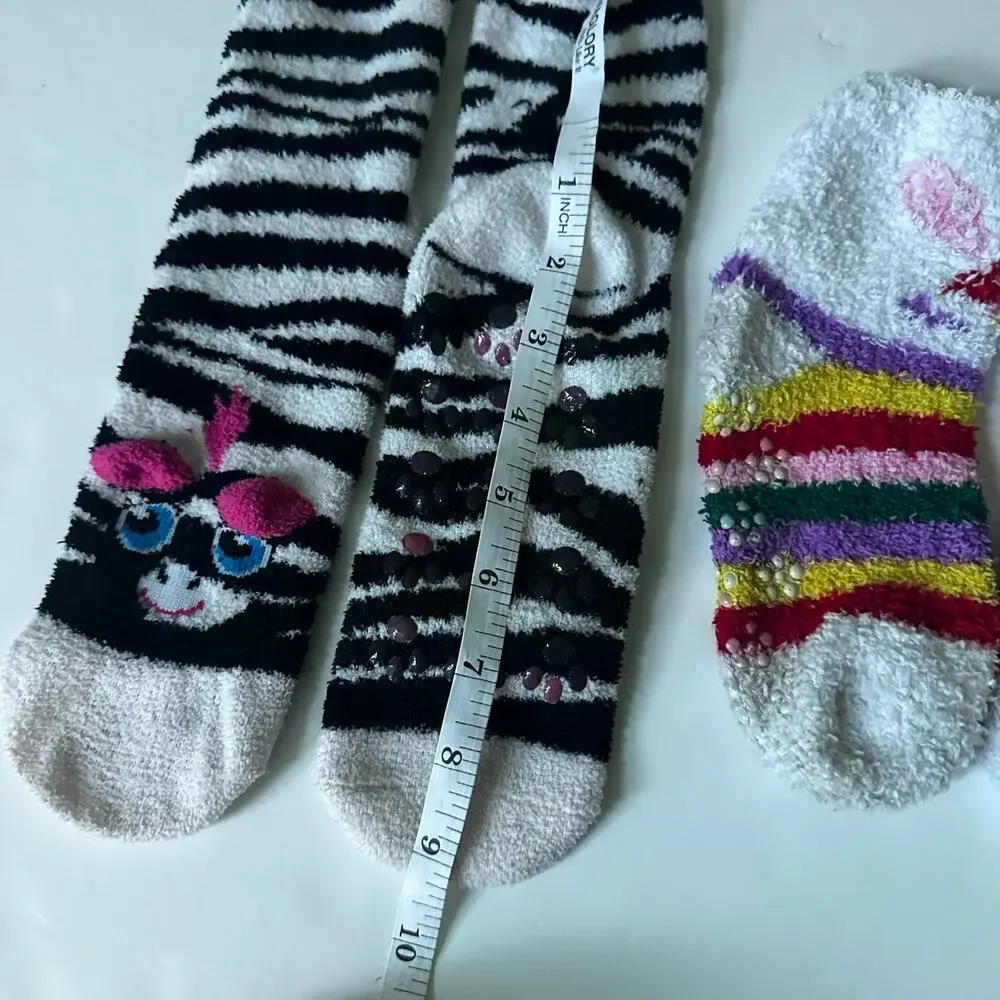 Girls Animal Print Fuzzy Socks with Grips - 3 Pairs